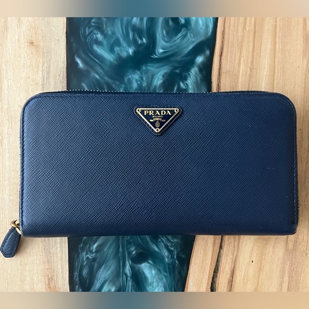 Prada Midnight Blue Saffiano Leather Zip around Wallet
